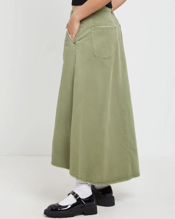 Sale ONE TEASPOON St Khaki Mrs Carter Long Denim Skirt In Green
