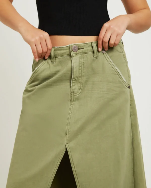Sale ONE TEASPOON St Khaki Mrs Carter Long Denim Skirt In Green