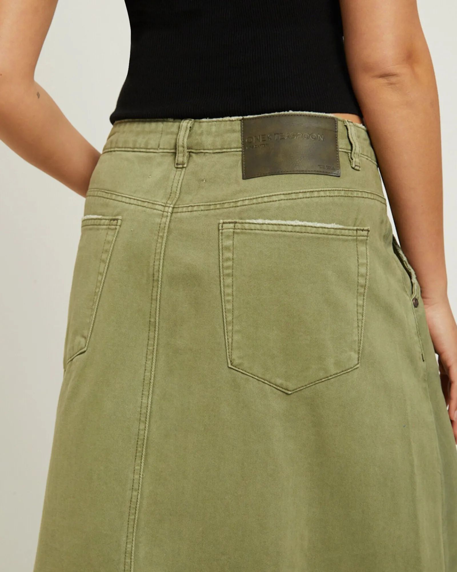 st_khaki_mrs_carter_long__5.webp Sale ONE TEASPOON St Khaki Mrs Carter Long Denim Skirt In Green
