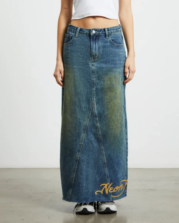Fashion NEON HART Tatiana Midi Denim Skirt In Vintage Tint Blue