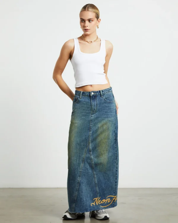 Fashion NEON HART Tatiana Midi Denim Skirt In Vintage Tint Blue