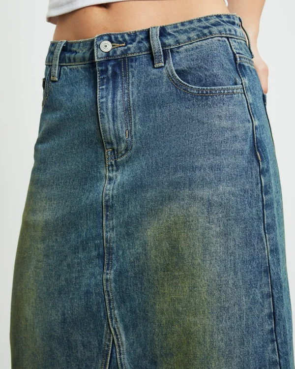 Fashion NEON HART Tatiana Midi Denim Skirt In Vintage Tint Blue