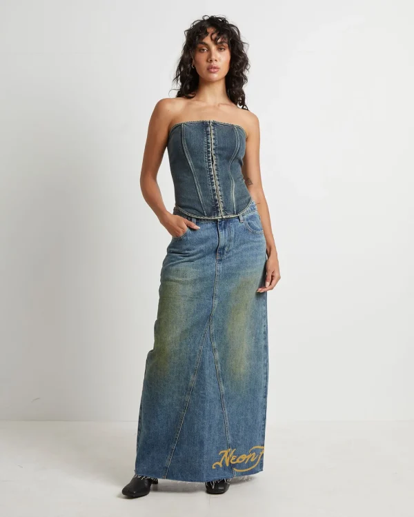 Online NEON HART Taytum Hook + Eye Front Denim Corset In Vintage Tint