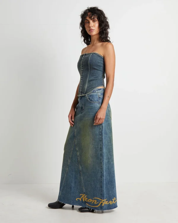 Online NEON HART Taytum Hook + Eye Front Denim Corset In Vintage Tint