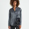 New ALICE IN THE EVE Tina Silky Oversized Long Sleeve Shirt Charcoal