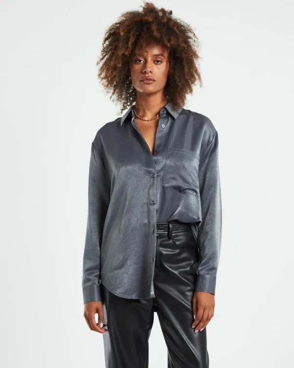 New ALICE IN THE EVE Tina Silky Oversized Long Sleeve Shirt Charcoal