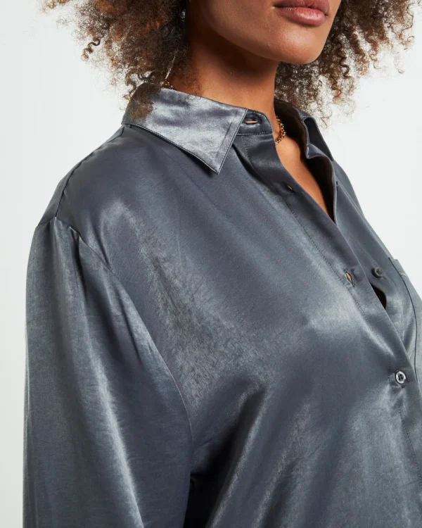 New ALICE IN THE EVE Tina Silky Oversized Long Sleeve Shirt Charcoal