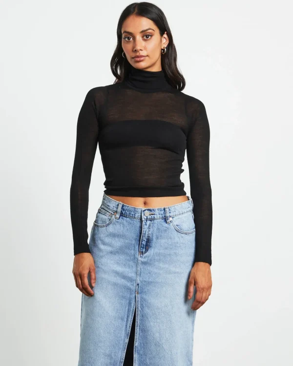 Cheap STUDIO Turtle Neck Long Sleeve Top In Black
